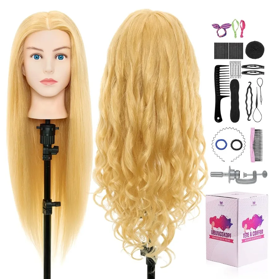 

26 Inch Mannequin Head with Human Hair 80 for Cosmetology Training and Hairdressing Practice Blonde Realistic Hair Styling Doll