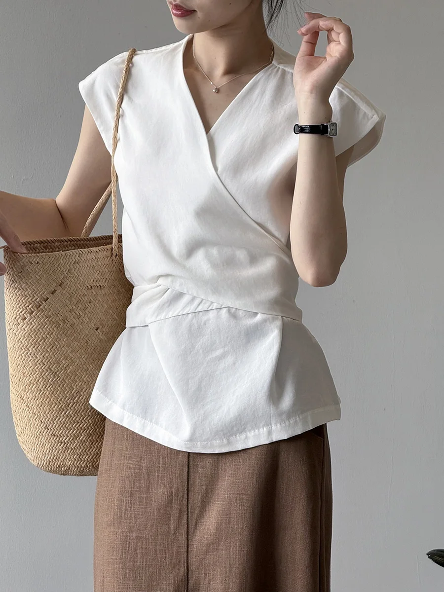 

Blue Silk Linen V-ne ature Sve irt Waist-cinched irt New Summer Ele Design Top Korean Sle Commute Wind