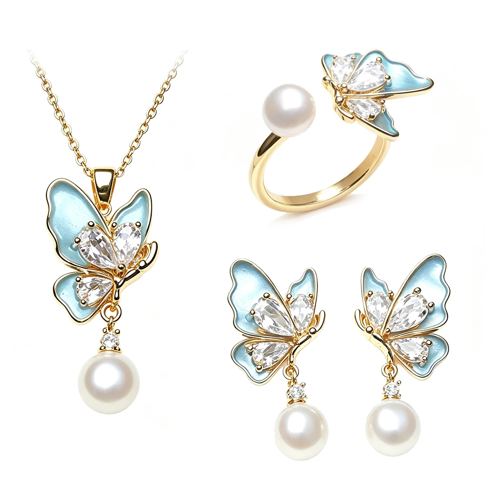 Echtes Süßwasserperlen-Set mit Halskette und Ohrringen, Elegantes 925er Silber Perlen-Ohrringe Anhänger Ring Set Geschenk für Ehefrau Mutter Weiß Schwarz – Detail 1