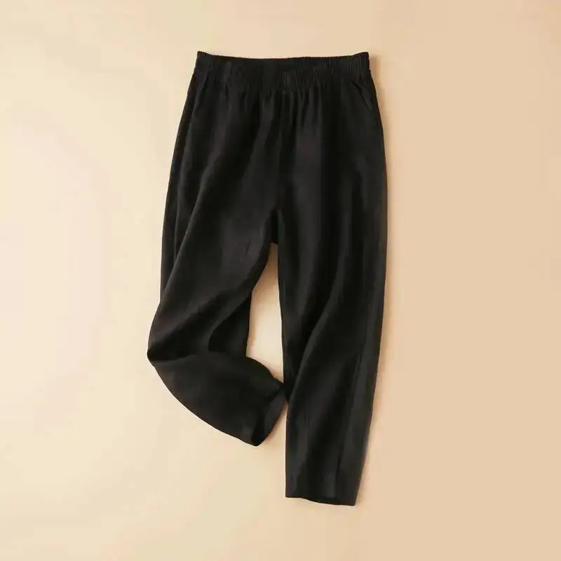 2025 Summer Women Capris Pants Casual Solid High Waist Cotton Linen Harem Pants Streetwear Short Trousers Pantalon Femme