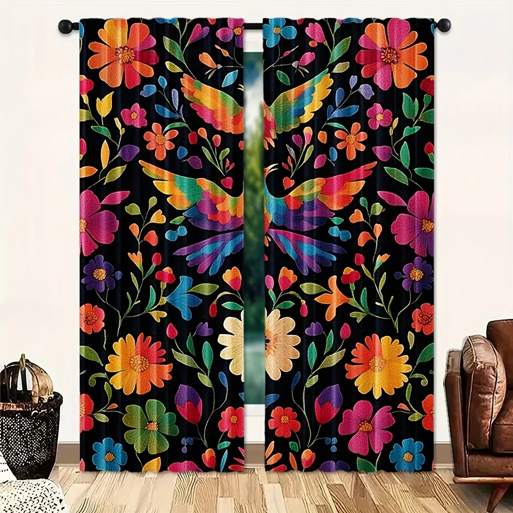 Folk Embroidery Bird Flower Curtain 2 Panels, Rainbow Hummingbird Colorful Bloom Allover Black Print, Curtains for  Art Curtain