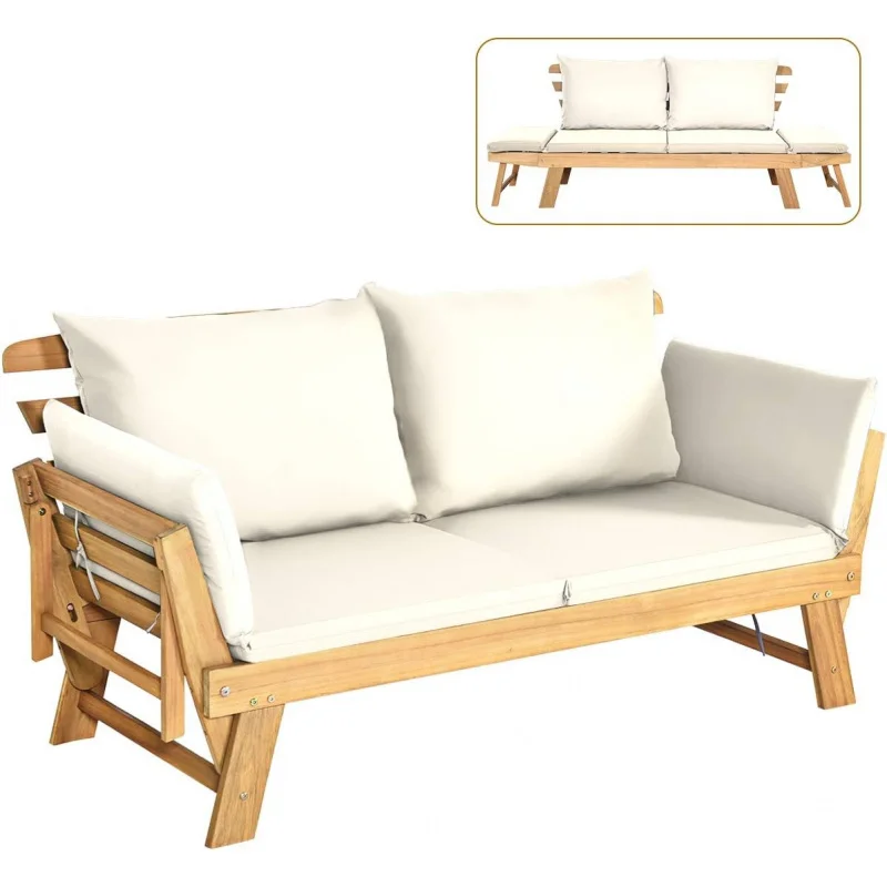

Wood Patio Folding Sofa Bed, Adjustable Armrest Outdoor Daybed with Cushions & Pillows, Multi-Use Couch Garden
