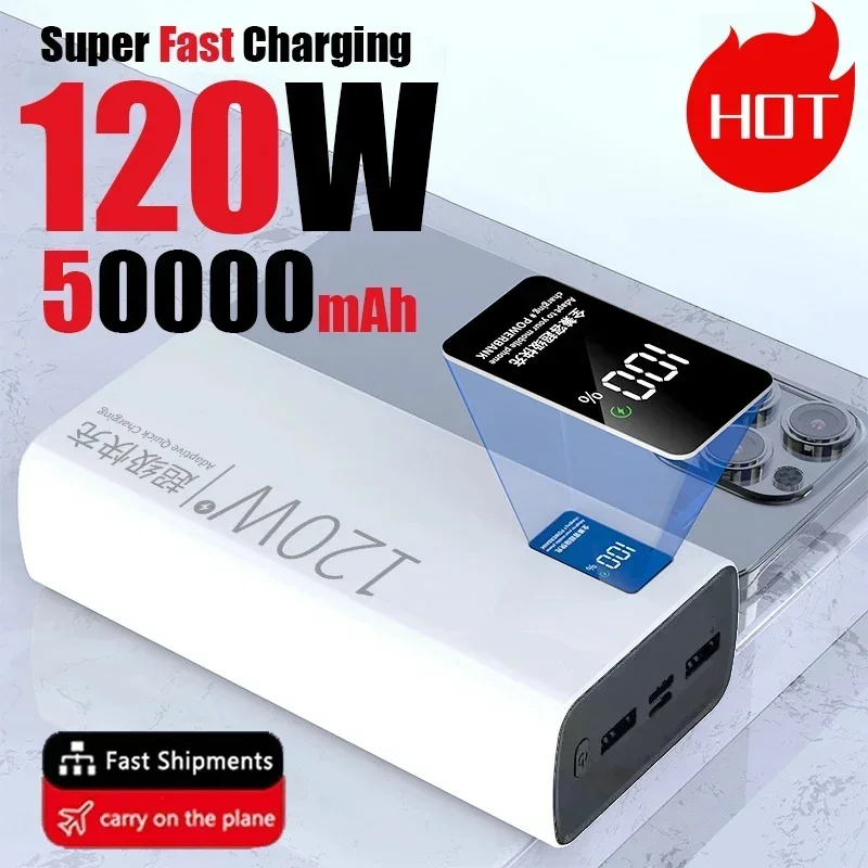 2024 Hot 120W Fast Charging Power Bank 50000mAh High Capacity Portable Digital Display Battery Charger For iPhone Samsung Huawei