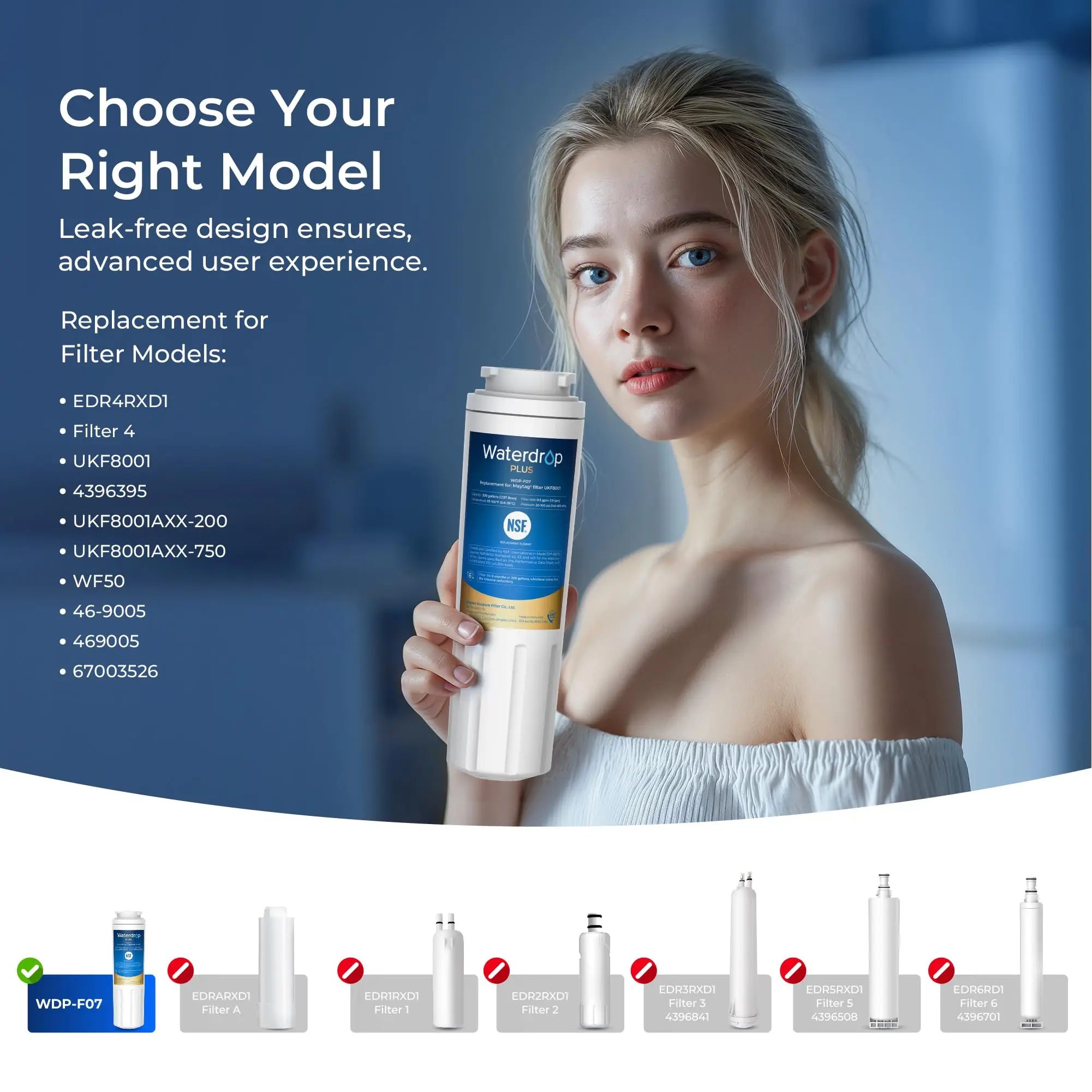 Waterdrop Plus UKF8001 NSF 401 Certified Refrigerator Water Filter, 4 Pack Reduce PFAS, Replacement for Whirlpool® Everydrop® Filter 4, EDR4RXD1, Maytag® UKF8001AXX, 46-9006, Puriclean II, FMM-2
