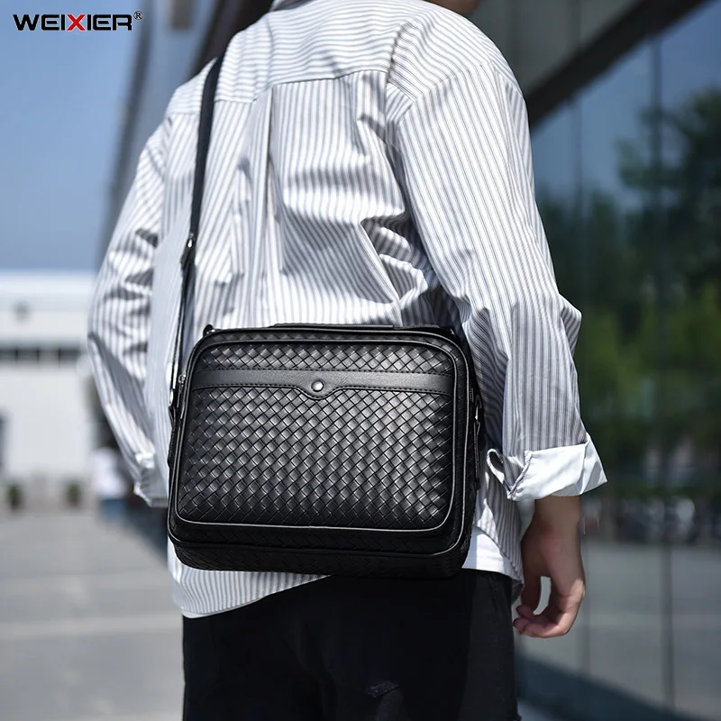 WEIXIER Brand High-End New Men Weaving Shoulder Computer Business PU Solid Color Crossbody Bags Man Classic Large Capacity Bag