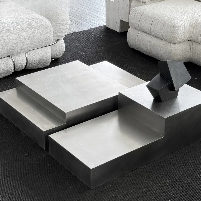 

Retro old money style geometric design futuristic niche stainless steel metal texture square living room coffee table