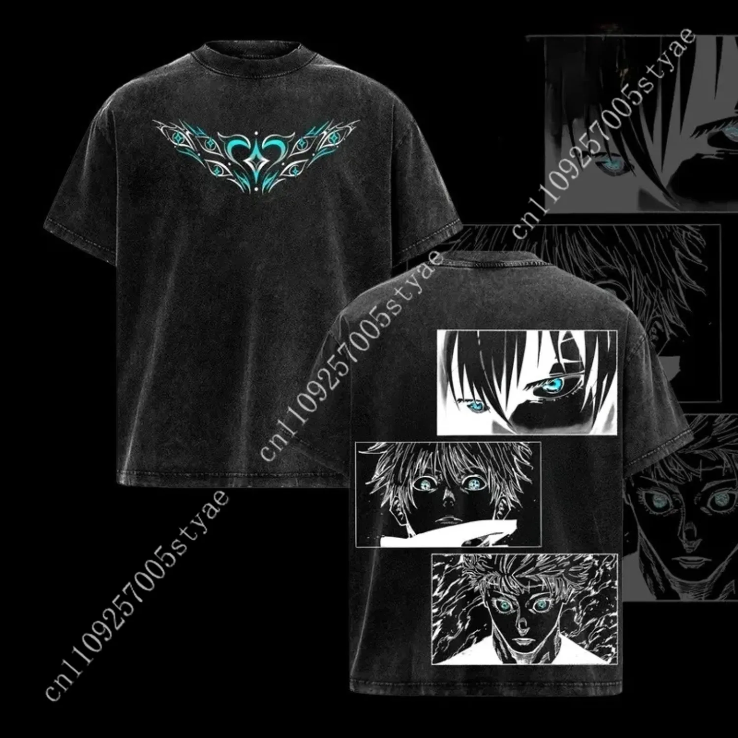 Harajuku Fashion Y2k  T-shirt Men's Clothing Anime Gojo Satoru Washed T Shirt Short Sleeve Cotton Loose Tees Tops