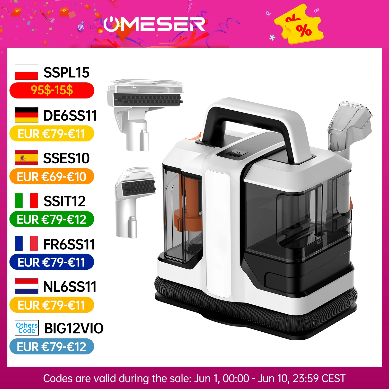 OMESER 750W 15KPa Carpet Cleaner Machine Spray Suction Washing Portable Spot Cleaner Upholstery for Floor Sofa Car Accessories