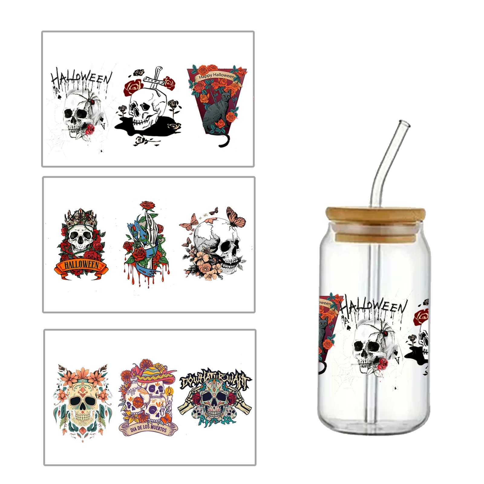 

Halloween Skeleton 16OZ UV DTF Cup Wraps Bottle Sticker for Glass Libbey Can Bottle Selfadhesive Washable Waterproof DIY Custom