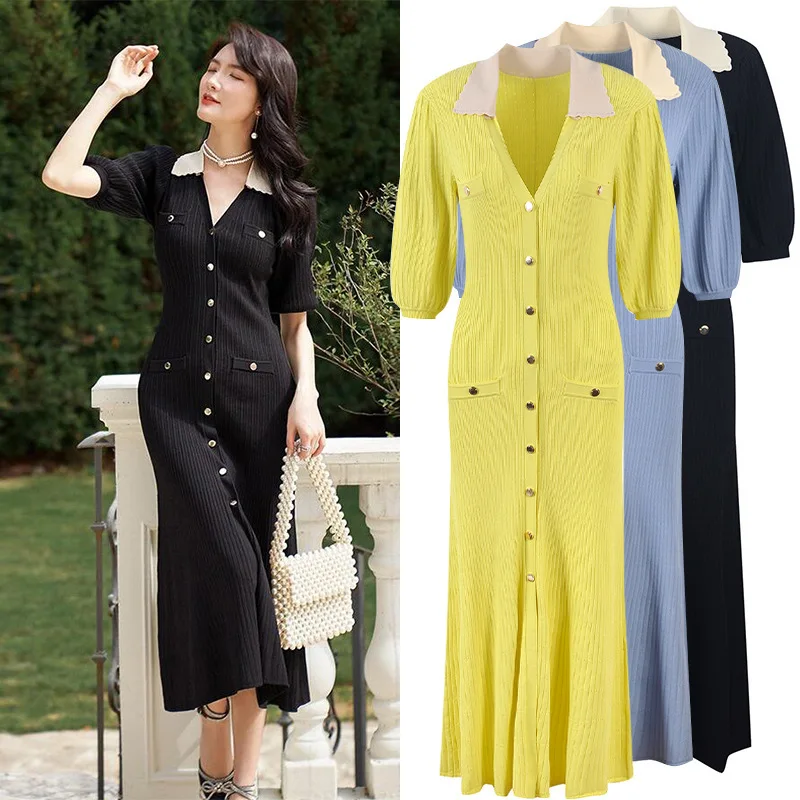 

CHUJIE 2025 Spring Summer New Fashion V-neck Puff-sleeved Split Fishtail Waist Slimming Short-sleeved Knited Long Dress