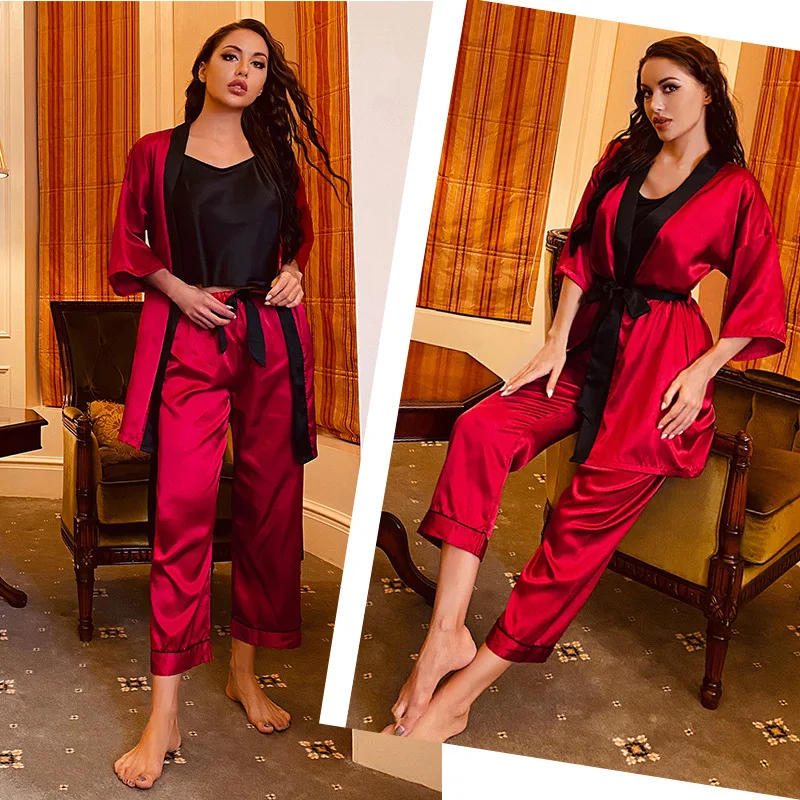 Satin Three Pieces Robe Gown Set With Pants Red Bride Pajamas Pour Femme Lace Up Home Clothes Nightwear Suit For All Seasons