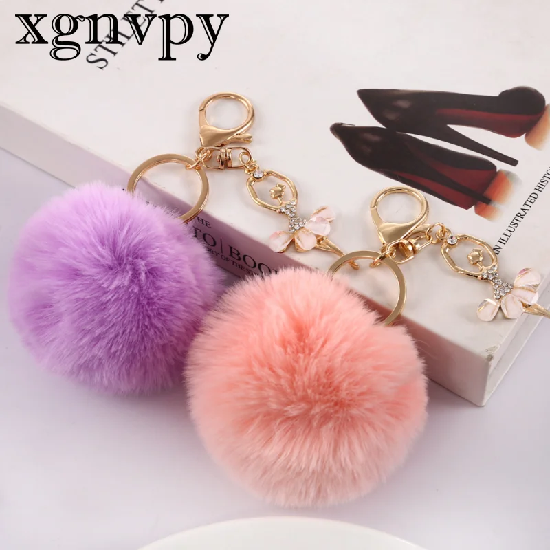 xgnvpy Cute Rhinestone Ballet Girl Keyring Rex Rabbit Hair Ball Pendant Little Angel Car Key Chain Accessory Gift Item