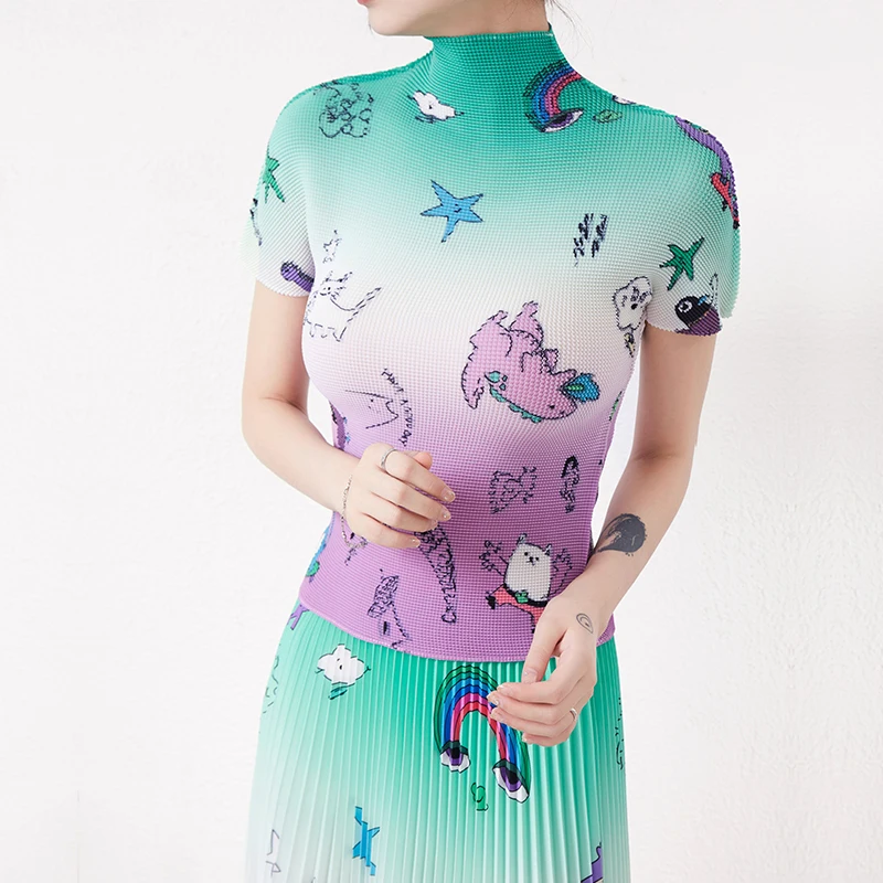 Heißes verkaufendes, hochwertiges Miyake-Falten-Set, elastisches Stretch-Oberteil und breiter Faltenrock, 2-teiliges Set