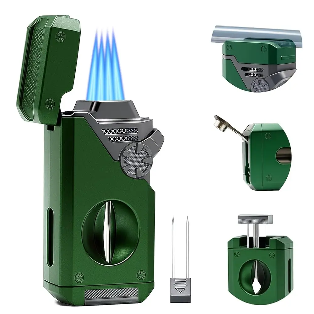 

Ailexpress Recommendation - 5 in 1 Butane Torch Lighter, 4 Jet Flame, Butane Lighter Refill Built-in V Cutter, Punch, Holder, Nu