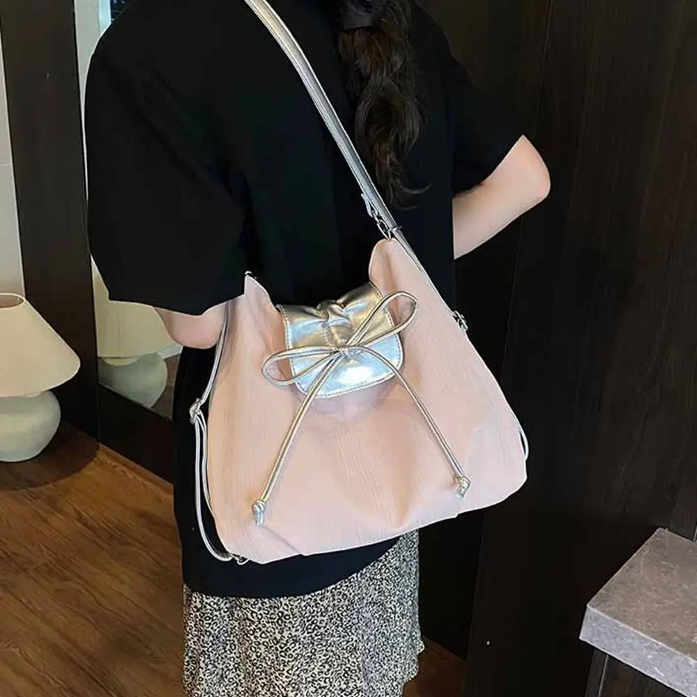 

Solid Color Silver Bow Backpack Large Capacity Versatile Balletcore Shoulder Bag Korean Style Versatile Handbag Daily