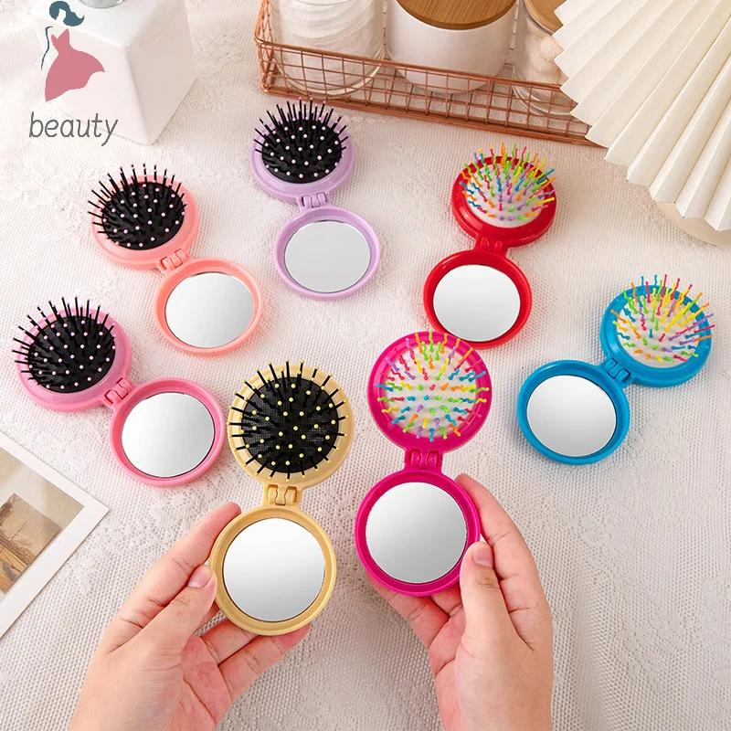 Folding Comb Mirror Mini Pocket Haircomb Folding Massager Hair Brush Round Hair Comb With Mirror Folding Hairbrush Women Beauty