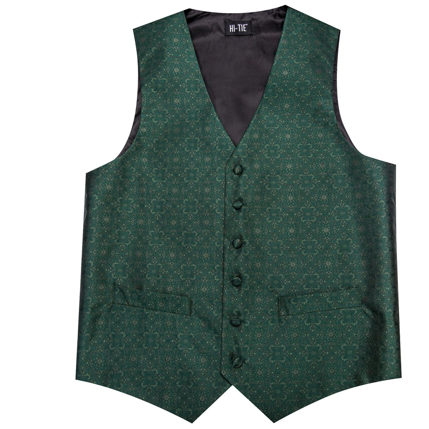 Dark Green Silk Men Vest Tie Elegant Solid Dress Sleeveless Jacket 4PC Hanky Cufflink Paisley Suit Waistcoat Wedding Gift Hi-Tie