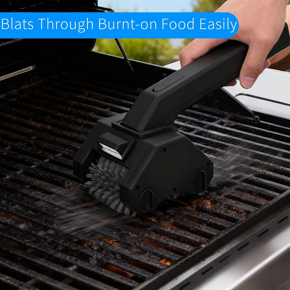 Hot selling electric barbecue brush cordless rechargeable LED light electric drum outdoor cleaning tool dual wheel plastic