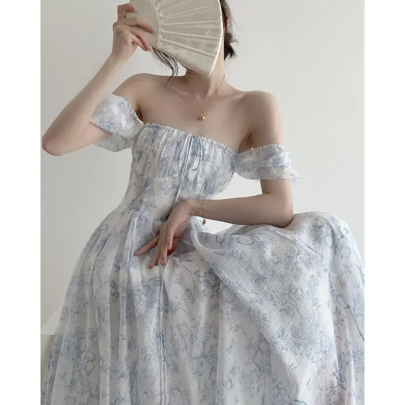 

Summer French Style Elegant Fairy Dress For Women Sweet Floral Printing Square Collar Gentle Party Midi Dress Y2k Clothing