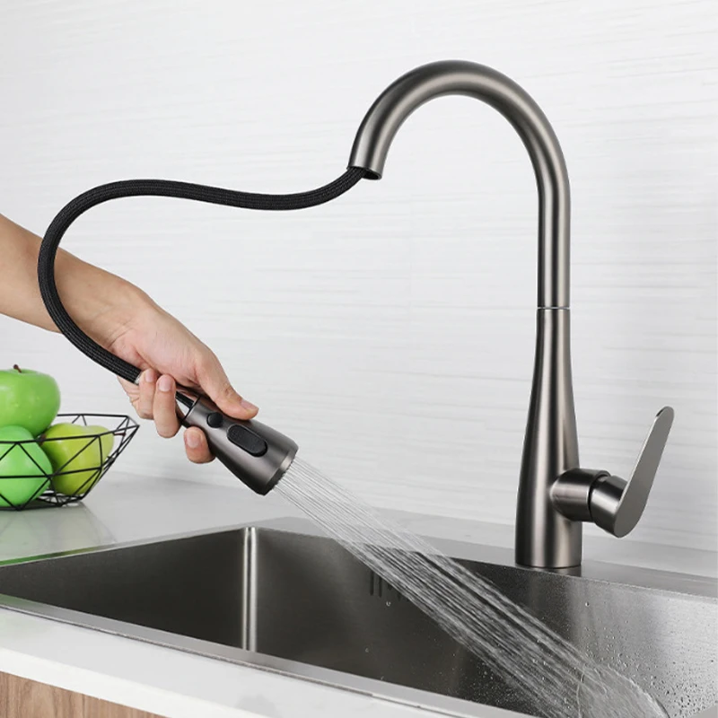 High-End Gunmetal Grey Kitchen Faucet Pull-Out Hot And Cold Water Rotatable Three types of water outlets Kitchen Sink Faucet