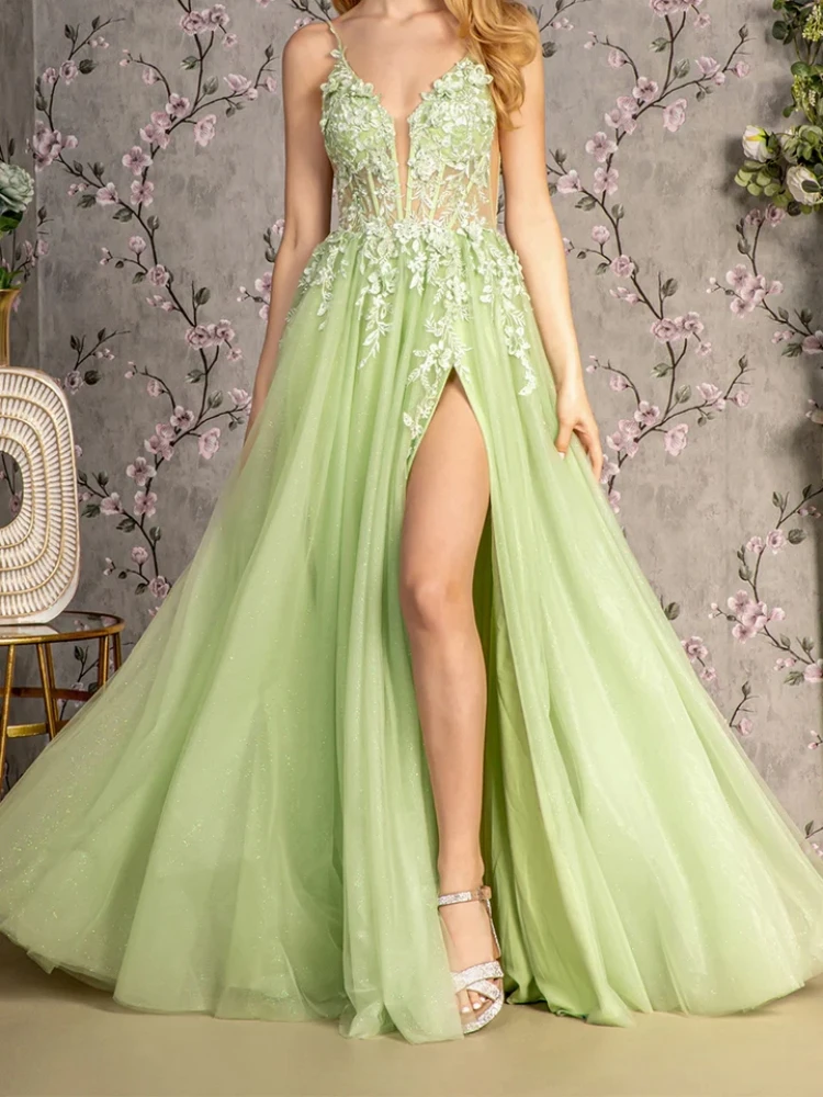 

Elegant Lime Green Women Party Dresses V Neck Lace Applique A Line Sexy Front Split Prom Occasion Wear Formal Evening Dress Robe