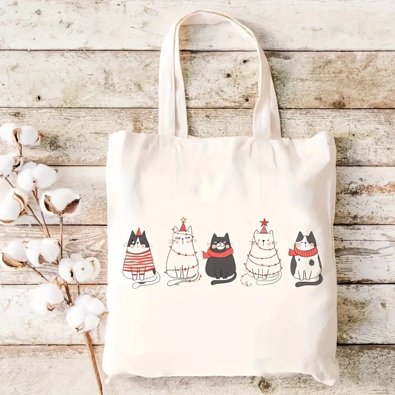 1 Piece, Cute and Fun Christmas Tree Cat Canvas Tote Bag, Reusable Shopping Bag, Multifunctional Large Capacity Printed Tote Bag Storage Bag, Personal Item Storage Tote Bag, Gift for Friends, Birthday Gift, Creative Christmas Gift