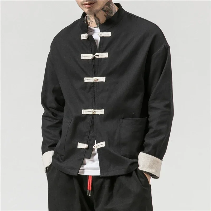 TPJB Chinese Traditional Retro Coat Man Autmn Long Sleeve Tang Suit Mandarin Collar Buckle Jacket Oriental Cotton Kung Fu Shirt