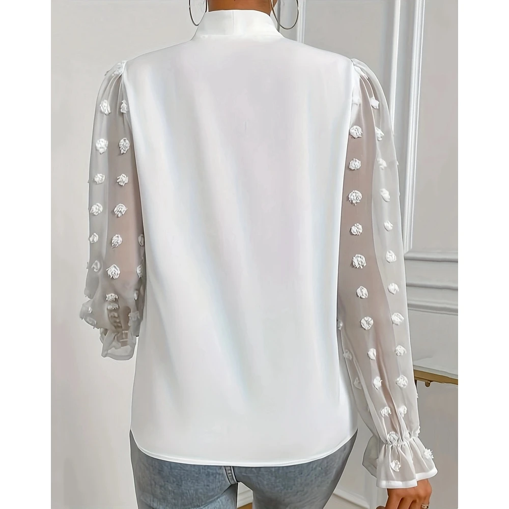 2024 Women's V-neck Lantern Sleeve Blouse Contrast Sheer Mesh Ruched Casual White Shirts Fashion Spring Basic Top Workwear