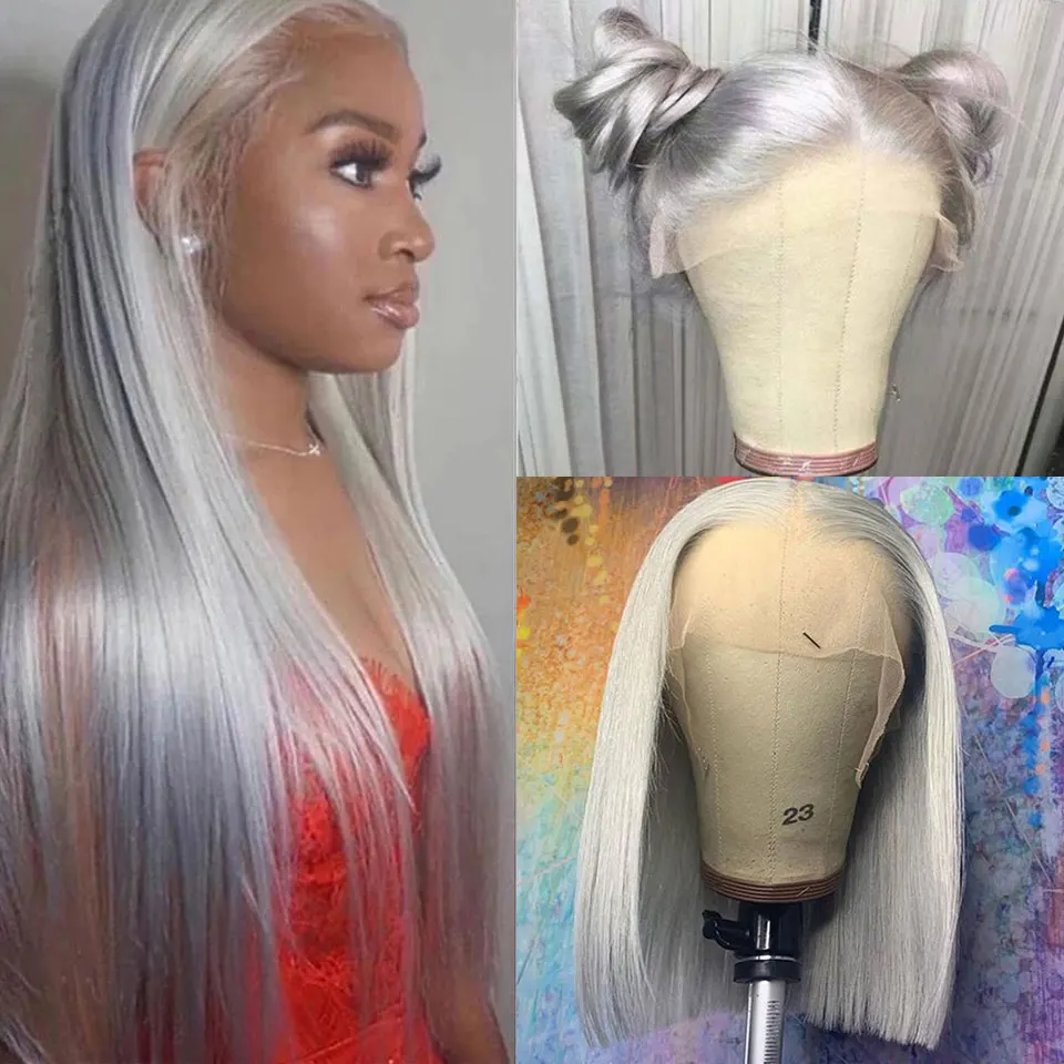

Gray Color Lace Front Wig Human Hair Silky Straight Brazilian Remy 13x4 Lace Frontal Wigs For Women 180% Density HD Transparent