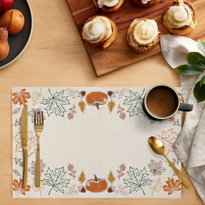 

Thanksgiving Autumn Pumpkin Kitchen Dining Table Decor Accessories 4/6pcs Placemat Heat Resistant Linen Tableware Pads Mats