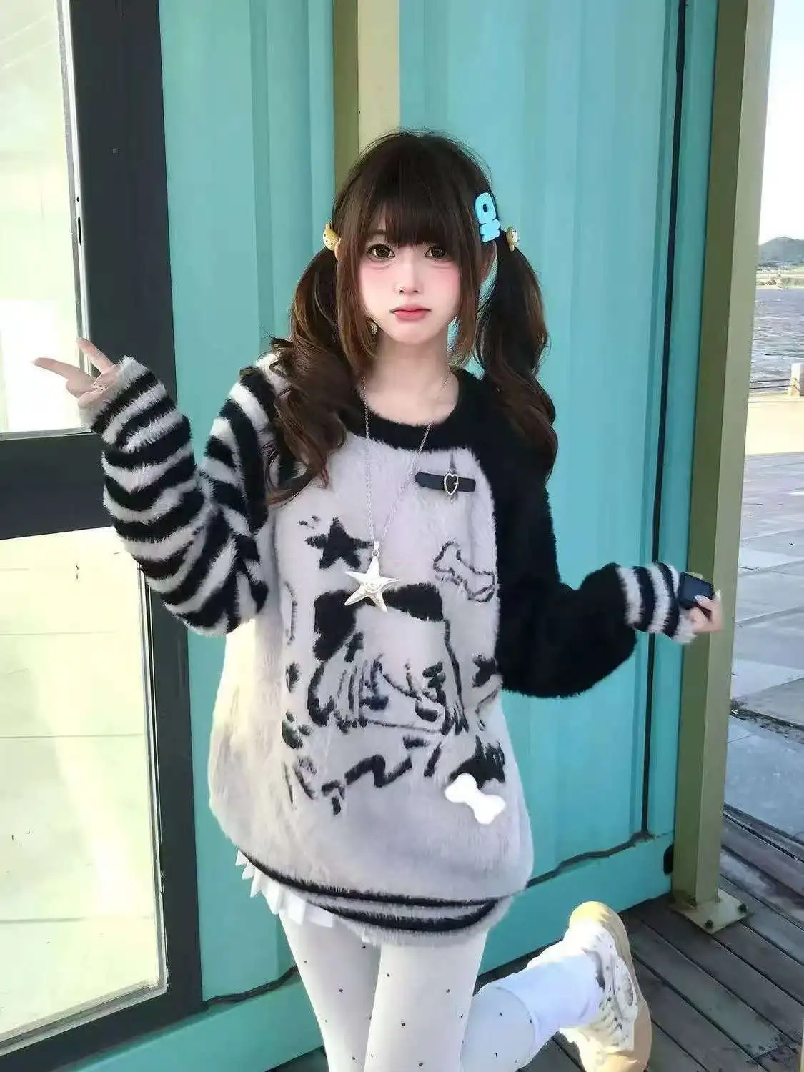 Japanese Y2k Sweater Women  Anime Print Striped Long Sleeve Subculture Harajuku Kawaii Streetwear Spring Autumn Women Clothing