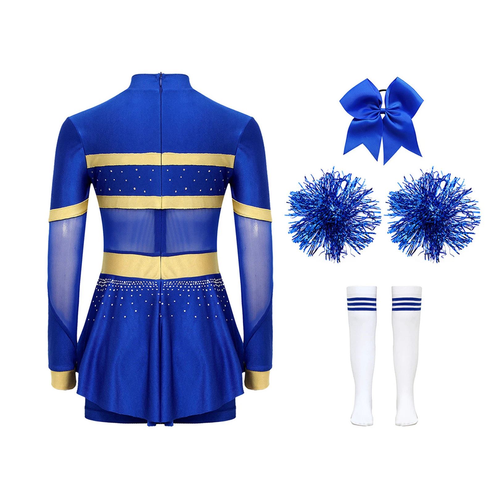 

School Girls Cheerleader Dance Outfit Cheerleading Uniforms Long Sleeve Cheer Leotard Dress +Hand Flower Striped Socks Dancewear