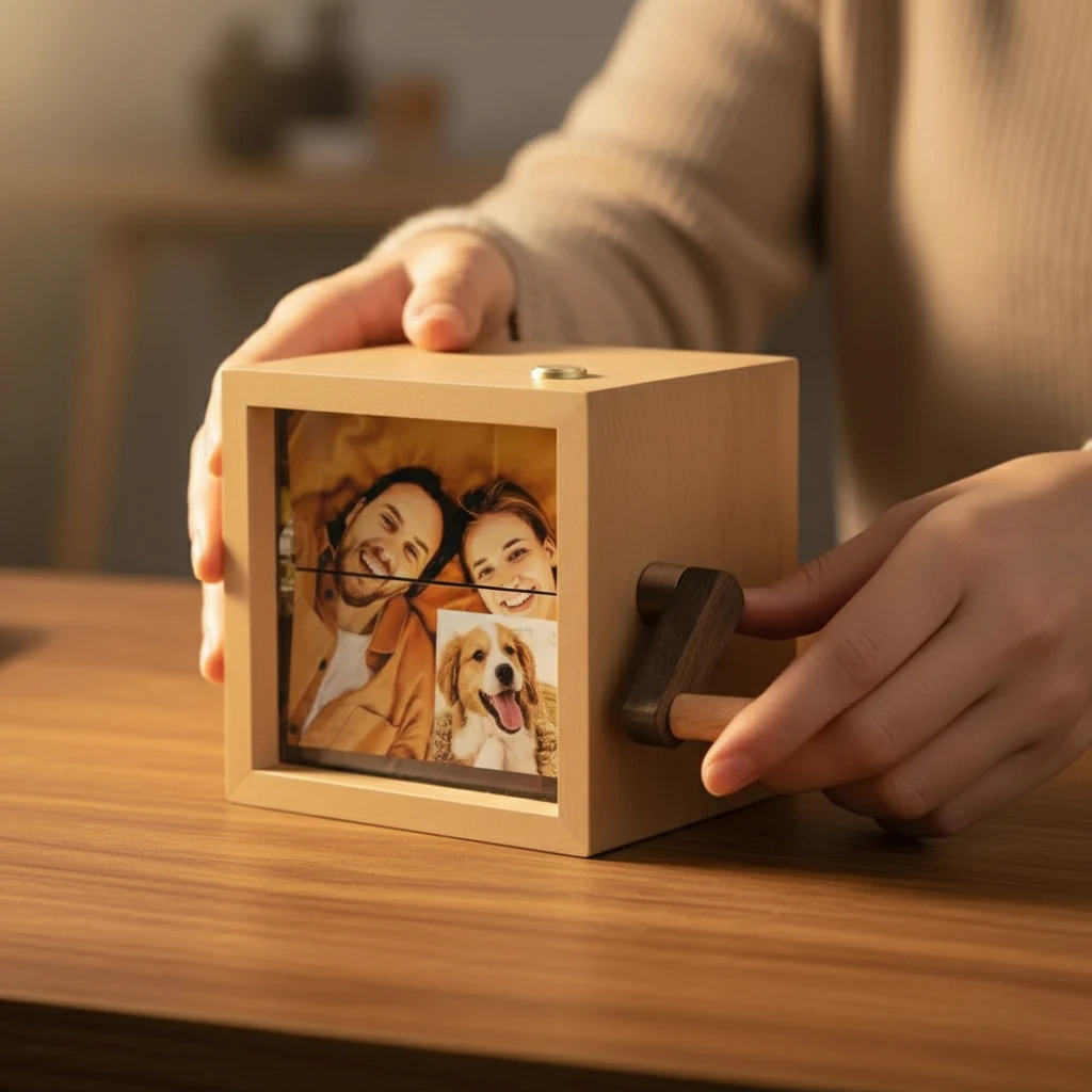 Custom Hand-Cranked Photo Box Personalized Valentine's Day Gift with Soft Light Solid Wood Frame for Wedding Anniversary​
