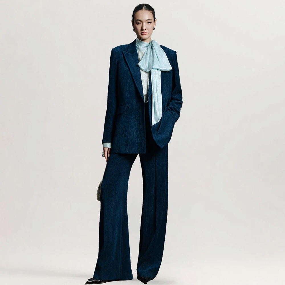 Chic Classic Women's Dark Blue Denim Suit Elegant Evening Party Female Outfit Clothing Formal 2-Piece Jacket Pants Set