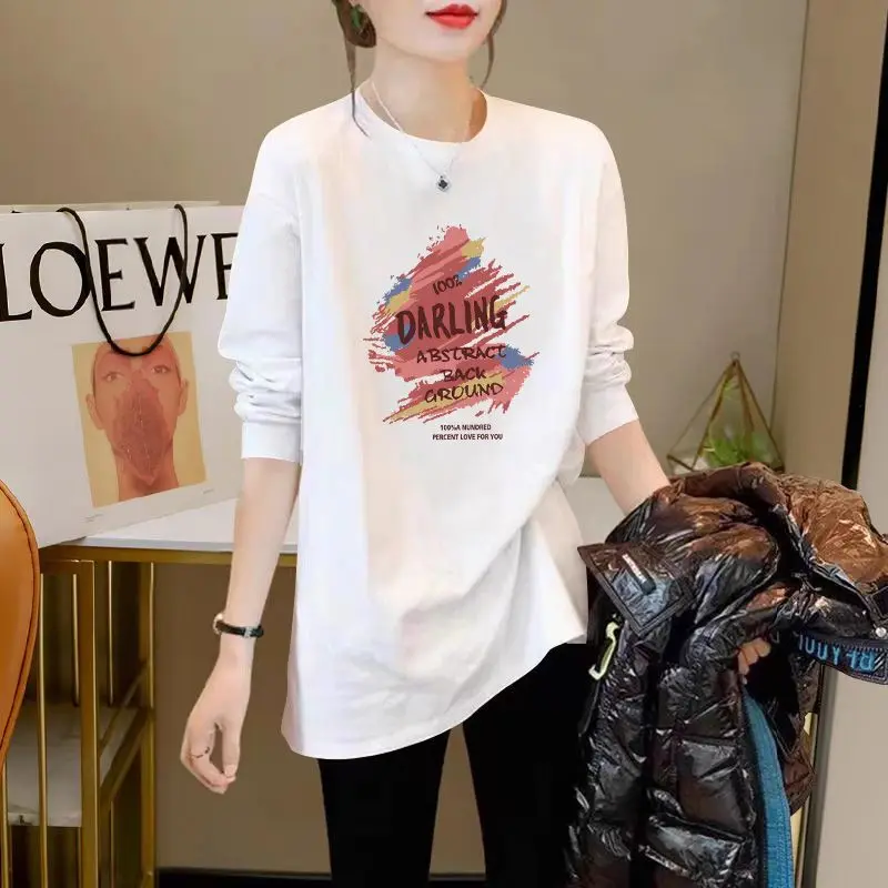 

Женская одежда, модные футболки с длинными рукавами и буквенным принтом, осенние повседневные свободные универсальные пуловеры из чистого хлопка, футболки большого размера