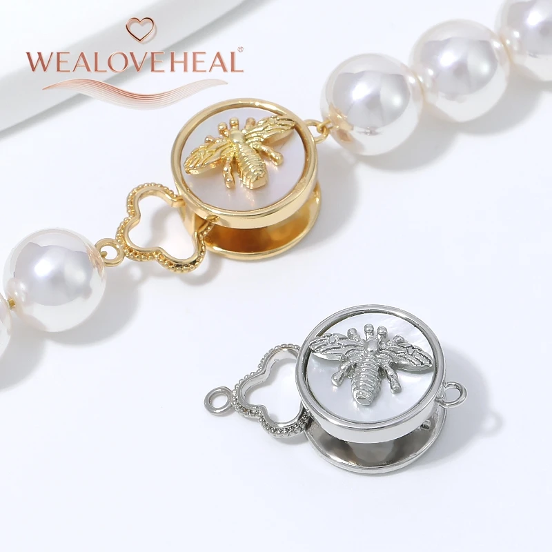 armband verschluss, 1/2 Stück 18K vergoldeter Messing-Bienenverschluss, mit Honigbienen-Motiv auf Muschel, Druckknopfverschluss mit Kleeblatt-Endstück für DIY-Perlenschmuckzubehör – Detail 19