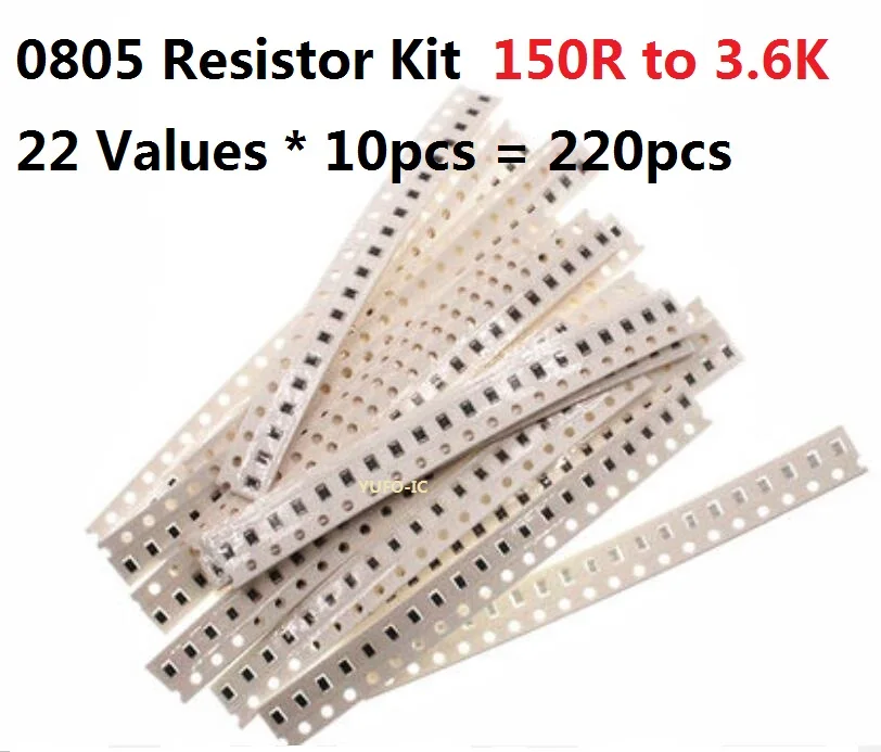 

22 Values*10pcs=220pcs SMD 0805 Resistor Kit 150 Ohm-3.6k 5% Resistance Assorted Kit Set 220R 470R 910R 1K 2.2K Chips Pack