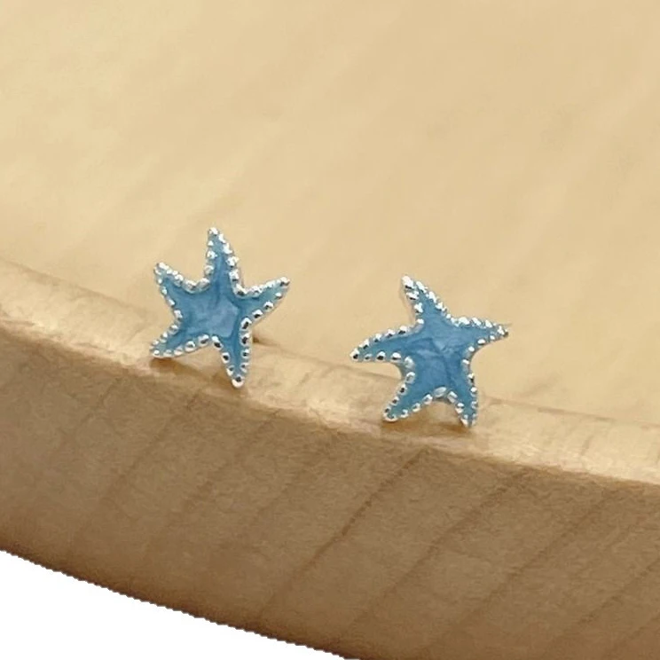 

PONYKISS 925 Sterling Silver Mini Blue Starfish Stud Earring for Women Minimalist Cute Fine Jewelry Animal Accessories in Summer