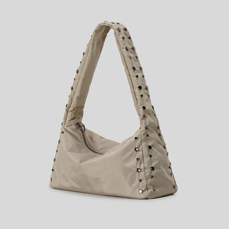 

Fashionable Women's Solid Color Street Style Rivet Design Motorcycle Shoulder Bag Casual Multifunctional Soft Leather Underarm B