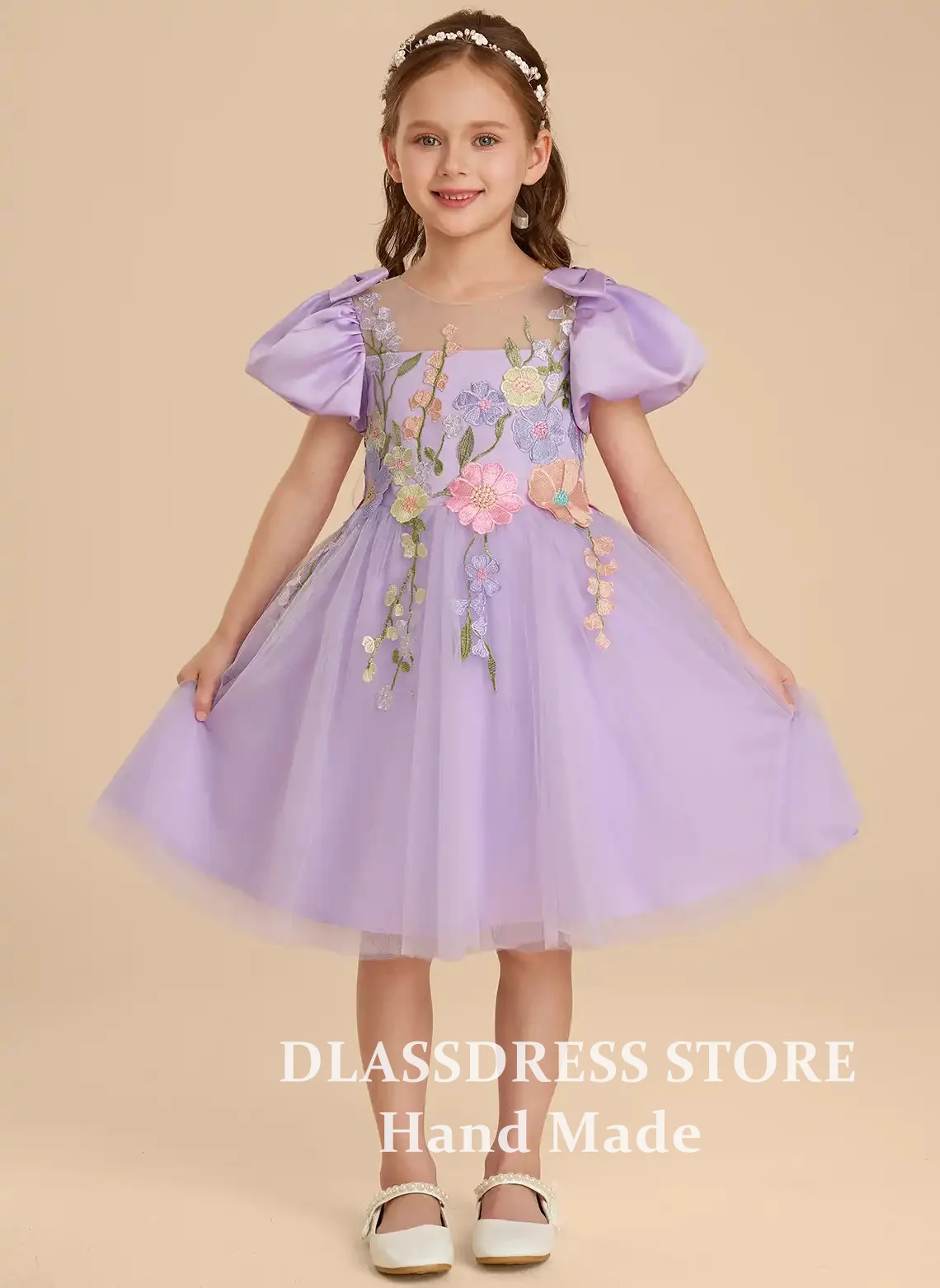 Customized Lavender Tulle Flower Girl Dresses Floral Embroidery Lace A-Line First Communion Dress Princess Birthday Party Gowns