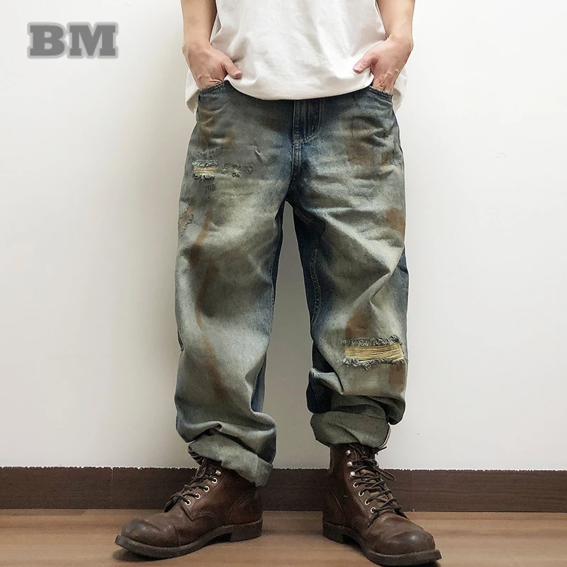 Korean Streetwear Beggar Ripped Jeans For Men Hip Hop Baggy Jeans High Quality Trendy Denim Cargo Pants Skateboard Trousers Male