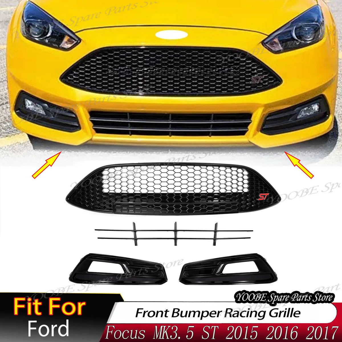 For Ford Focus MK3.5 ST 2015 2016 2017 Front Bumper Racing Grille Upper Lower Honeycomb Grill Fog Lamp Cover Body Kit Tuning