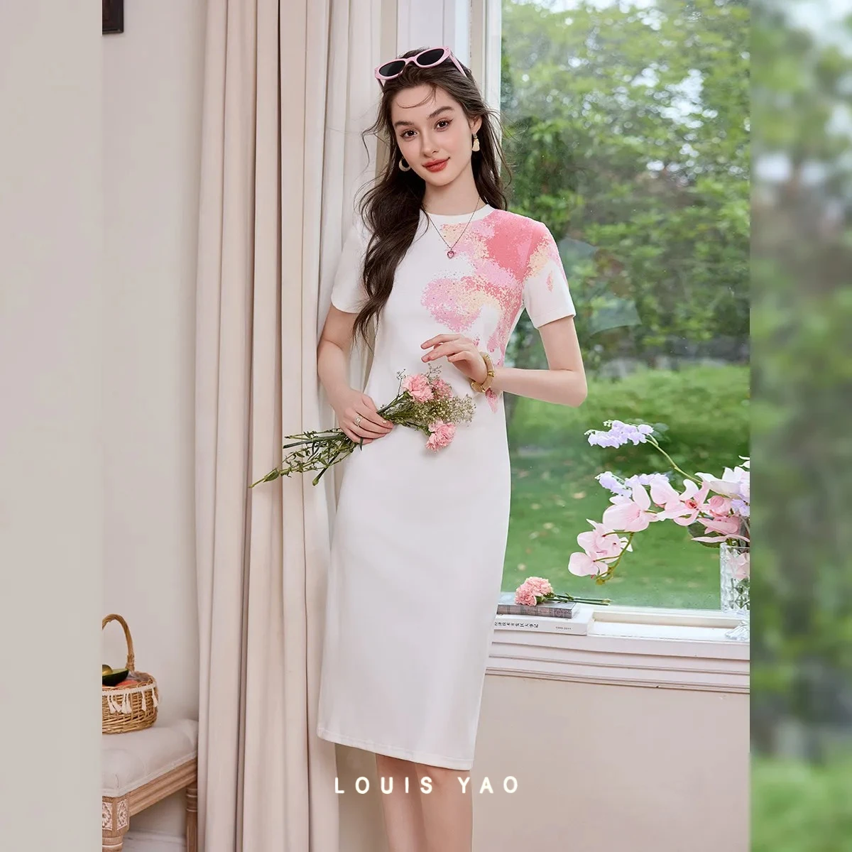 

LOUIS YAO Women's Dresses 2026 Summer Commuter Knit Shimmer Dress Stretch Print Crew Neck Slit Short Sleeve Long Dress