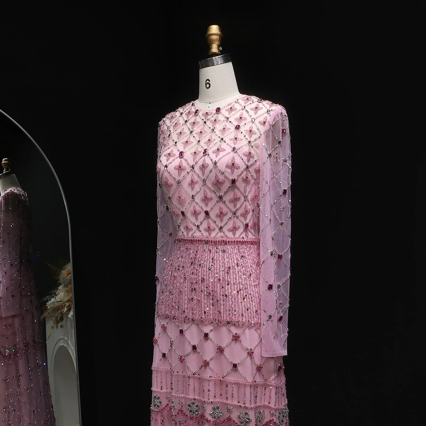 Sharon Said Abito da sera di lusso con perline rosa Manica lunga Dubai Elegante arabo Abiti da ballo per feste per le donne SS220 Personalizzato