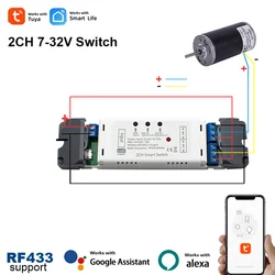 Tuya Smart 2CH Wifi DC Motor Forward Reverse Switch,12V 24V 32V,2 Channel Module Relay,Alexa Google Alice RF 433 Remote Control
