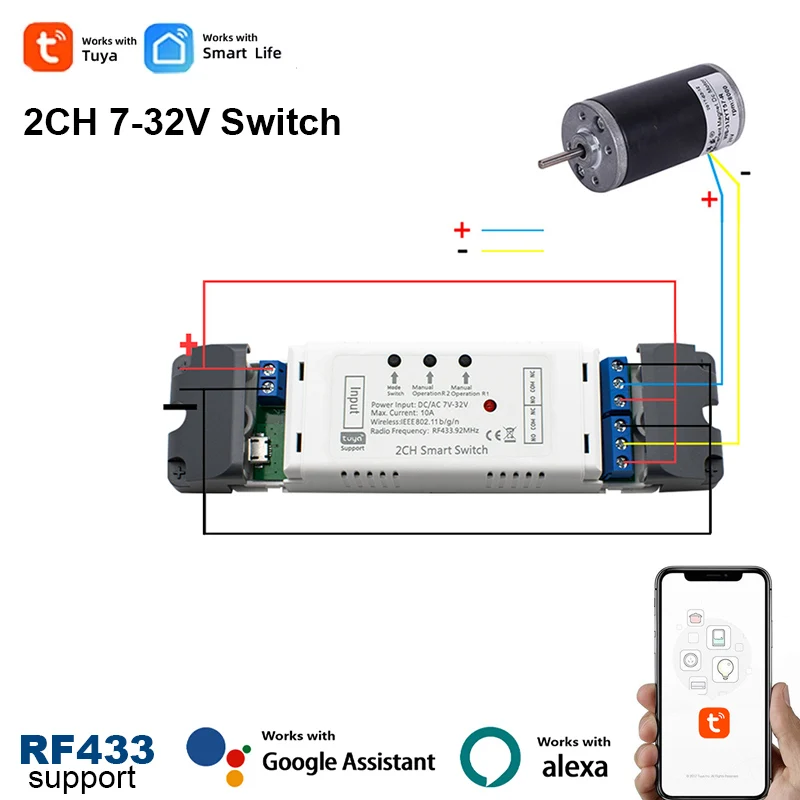 Tuya Smart 2CH Wifi DC Motor Forward Reverse Switch,12V 24V 32V,2 Channel Module Relay,Alexa Google Alice RF 433 Remote Control