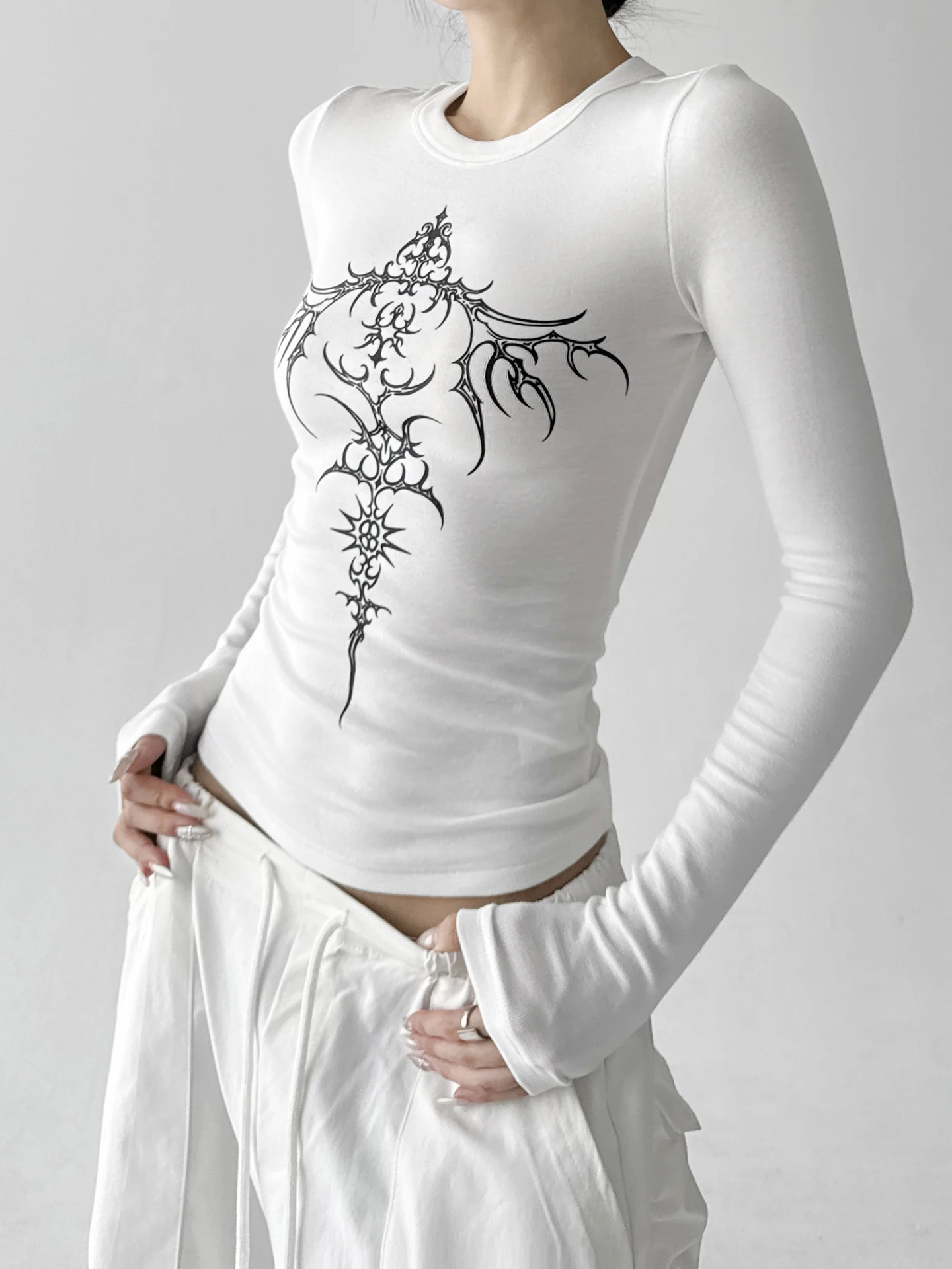 American High Street Spicy Girl Cross White ort Sve T-irt Women's Autumn Winter Slimming Waist-Cinching Top