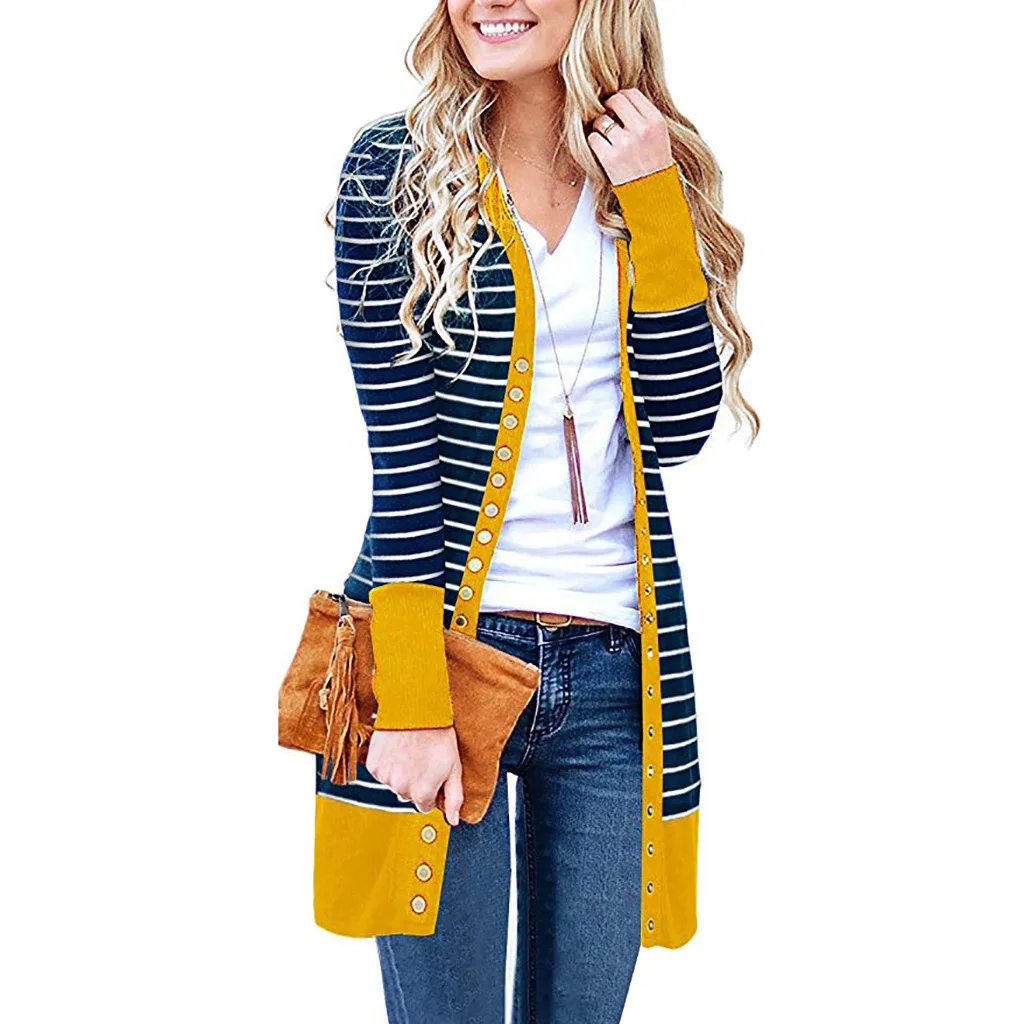 Amazon Sells European And American Ladies' Fashion In Autumn And Winter. Long knitted Coat Button Stripe Casual Cardigan Tide.