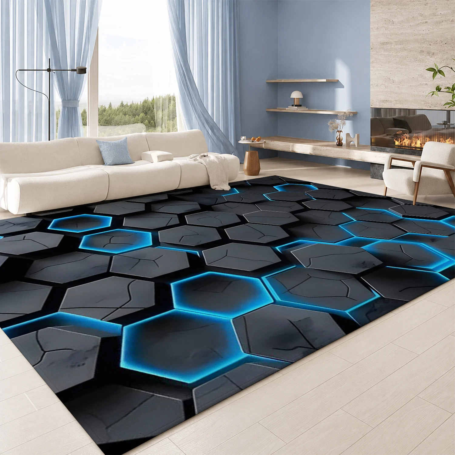 Large Indoor Area Rug, Soft Velvet Low Pile with Non-Slip Dotted Backing, Machine Washable, Modern Hexagon Honeycomb Pattern with Blue Glow Accent, Ideal for Living Room, Bedroom, Gaming Space