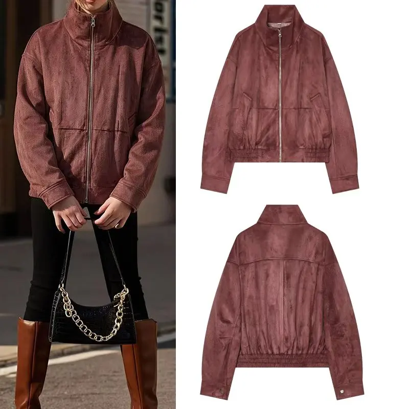 Women's Stand Collar Long Sleeve Bomber Jacket Casual Zippered Vintage Outerwear for Autumn Winter Ladies Fashion Coat